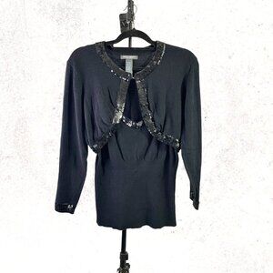 Bisou Bisou Womens Black Sequined V-neck Halter Top Cropped‎ Sweater Set Size XL